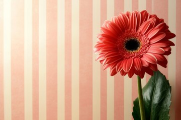 Poster - Vibrant red gerbera daisy against a striped pink background in a bright indoor setting