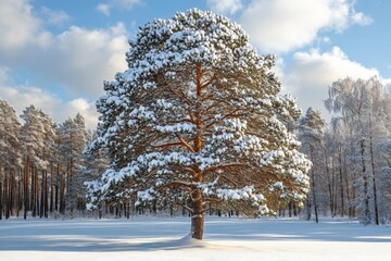 Poster - Snow-covered pine tree stands majestically in tranquil winter landscape under a bright blue sky