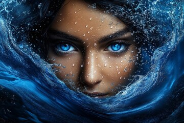 Fototapete - A close-up portrait of an attractive woman with blue eyes, standing underwater in the sea, with splashes and drops on her face. The style is hyper-realistic, with high detail, studio lighting,