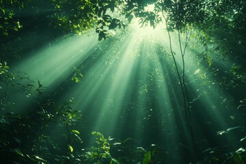 Poster - Sunlight filters through dense forest canopy in a serene and vibrant tropical rainforest setting