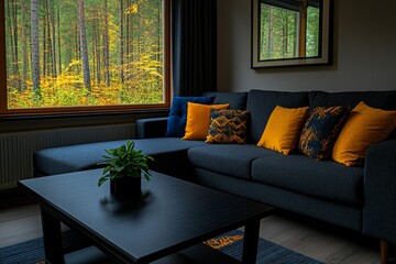 Leinwandbilder - A dark gray couch with autumn-colored pillows in the living room, a black coffee table, and a modern mirror hanging above it on the wall with a frame. Bright window light from outside, a warm-toned
