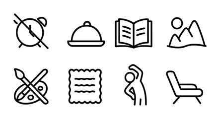 Poster - Leisure activity icons set: linear style with eight unique symbolic designs