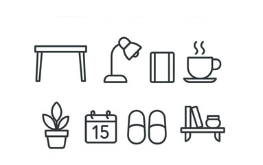 Poster - Cozy home icon set: desk, lamp, book, cup, plant, calendar, slippers, shelf (outline style)