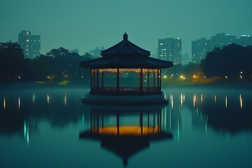 Aufkleber - Nighttime view of a tranquil pavilion reflecting on water in a city park surrounded by skyscrapers