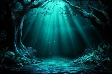 Poster - A dramatic digital backdrop with an underwater scene, showcasing deep blue and teal tones for photography studio backdrops. The background features dark water and misty light effects, creating