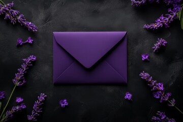 Poster - A flat lay of an open purple envelope on top, surrounded by delicate lavender flowers and petals, creating a beautiful spring background. The envelope is slightly open to reveal the empty interior,
