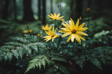 Poster - Bright yellow flowers blooming among lush green ferns in a tranquil forest setting during early morning
