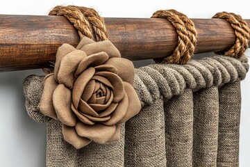 Aufkleber - Decorative curtain detail featuring burlap fabric and a fabric rose on a wooden rod with rope accents