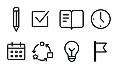 Poster - Essential outline icons set: pencil, check, book, clock, calendar, cycle, bulb, flag