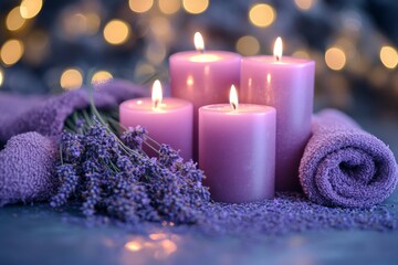 Aufkleber - Lavender candles and towels create a calming atmosphere in a serene setting during evening relaxation
