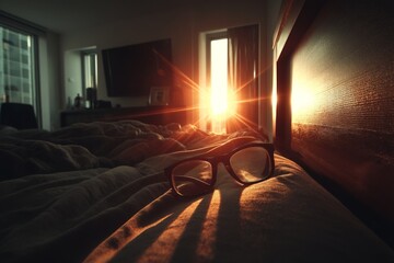 Aufkleber - Morning sunlight streams through the window illuminating glasses on the bedside table