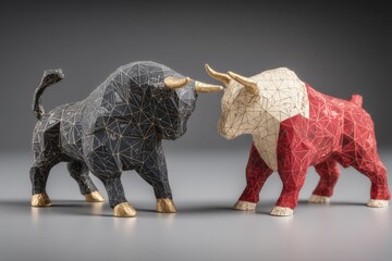 Aufkleber - Two geometric bull figurines in contrasting colors engaged in a dynamic standoff