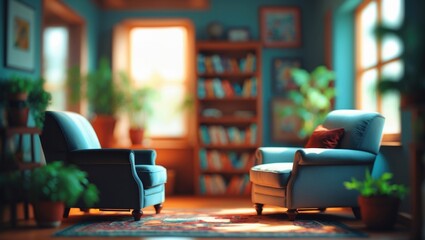 Poster - Soft natural light illuminates a cozy reading space with blurred background, featuring armchairs, a bookshelf, and potted plants