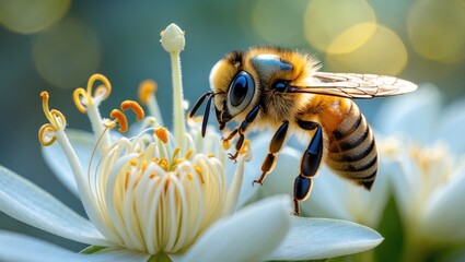 Poster - Bee collecting nectar from cherry blossoms during summer
