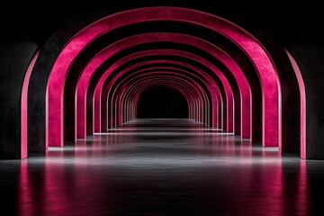 Poster - A minimalist and psychedelic design of an empty room with walls made from pink arches, casting soft shadows on the floor, creating an atmosphere that is both dreamy and surreal. The use of bright