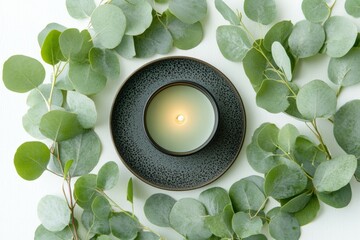 Aufkleber - Relaxing candle surrounded by eucalyptus leaves on a light background in a serene setting