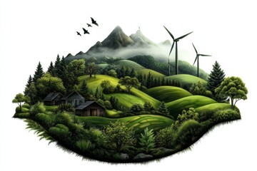 Poster - A minimalist watercolor illustration of an eco-friendly village with wind turbines and greenery, set against a white background for use as clipart on the right side. The design is simple yet