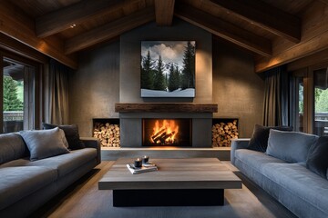Poster - A modern, luxurious chalet living room with grey sofas and a wood-burning fireplace. A large painting of snow-covered trees hangs on the wall above an elegant wooden coffee table. The walls
