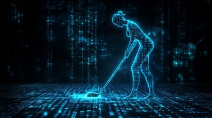 Leinwandbilder - A person mopping the floor with binary code on it, symbolizing cleaning up and adjusting computer data in software development.