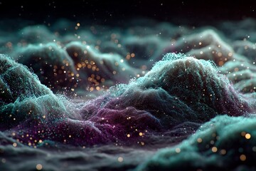 Poster - Colorful abstract landscape with shimmering particles in a cosmic setting at midnight