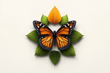Aufkleber - A vector illustration of an elegant, flat design featuring butterflies and leaves in the center with geometric shapes forming a circle around it. The color scheme includes green, orange, and