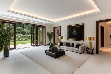 Leinwandbilder - A white living room with a light grey sofa and a black-framed artwork on the wall, a beige carpet floor, white walls, a golden lamp, soft lighting, and a modern, minimalistic interior design
