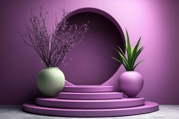 Poster - Abstract background with a podium for product presentation, 3D rendering. The background is in pastel colors with geometric shapes and round elements