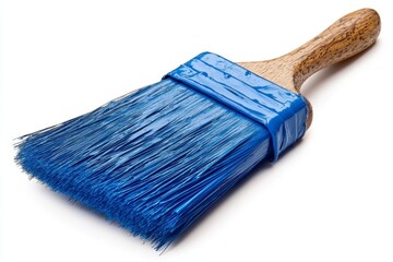 Poster - Colorful blue paintbrush with wooden handle resting on a white surface ready for an art project or home improvement
