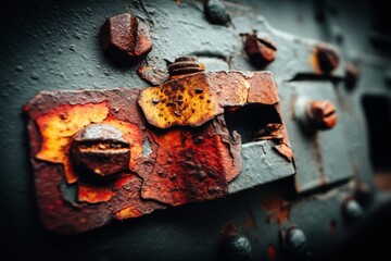 Poster - Rusty metal surface with worn bolts and paint revealing texture and decay in an industrial setting