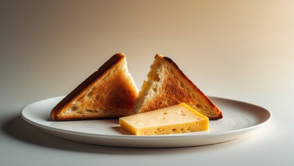 Aufkleber - Two triangular slices of toasted bread with cheddar cheese on a white plate against a food-themed background.