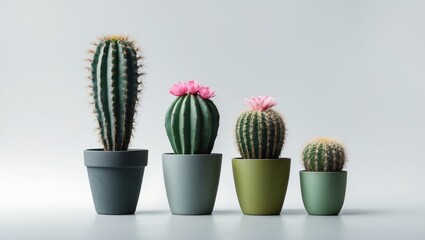 Poster - Collection of small potted cacti with various shapes on white background