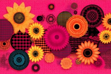 Aufkleber - Colorful floral design featuring sunflowers and patterns on a vibrant pink background