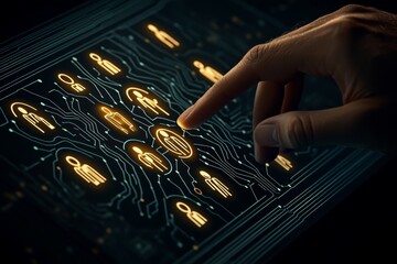 Fototapete - Businessman touching a virtual icon of people in a social network on a digital screen, a futuristic technology concept for human resources and customer data management systems. The businessman