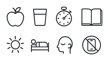 Poster - Daily health and wellness icons set: linear style symbols for healthy living activities