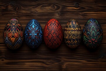 Poster - Colorful Easter eggs with decorative patterns on a wooden background, with space for text. Happy Easter concept. High-quality, professional photo lighting, Lightroom gallery, Behance photography