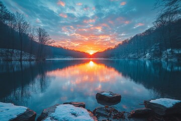 Aufkleber - Sunset over tranquil lake, reflecting vibrant colors and winter landscape in serene natural setting