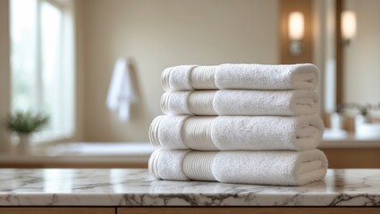 Poster - Towels arranged on a marble countertop with a blurred bathroom background.