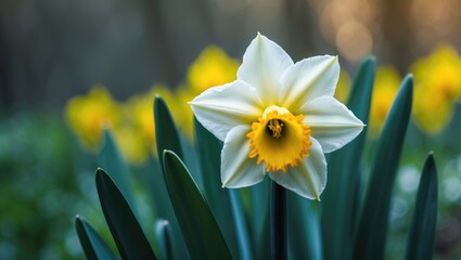 Poster - Close-up of a bright yellow daffodil in full bloom with a blurred background