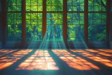 Aufkleber - Sunlight streams through large windows, illuminating a tranquil forest setting in a serene indoor space during daytime