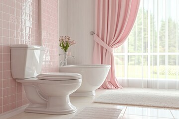 Aufkleber - Bright and airy bathroom with pink tiles and soft natural light from large windows