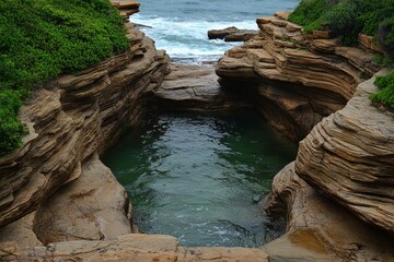Poster - Generate an ultra-realistic photograph of the rugged coastline near Ilovittu, with waves crashing against rocks and green vegetation on white background. The composition should capture the essence