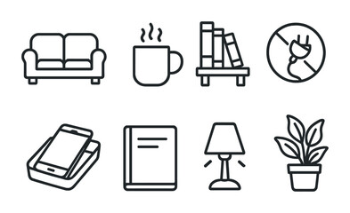 Poster - Set of linear home essentials icons: sofa, coffee, bookshelf, charging, book, lamp, plant