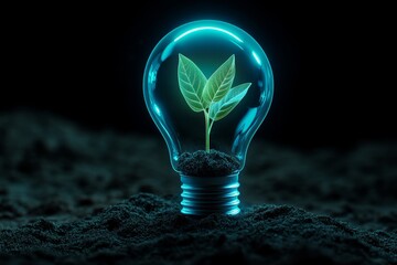 Poster - Light bulb with a green plant growing inside on a soil background, a sustainable energy concept. Close-up shot, 4K resolution, ultra-realistic, high detail
