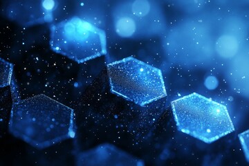Poster - Microscopic view of blue hexagonal structures showcasing sparkling texture and depth under soft lighting at night