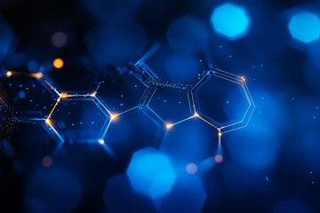 Poster - Scientific abstract design featuring blue hexagonal structures with glowing elements in a dark background setting