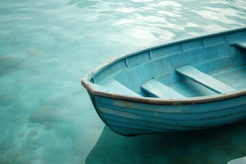 Aufkleber - Blue wooden boat gently floating on calm turquoise water near a serene shoreline during midday