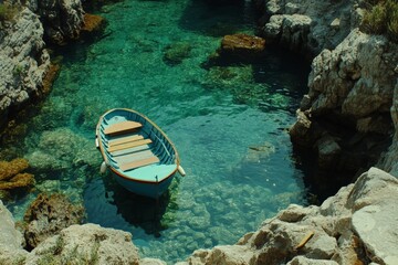 Aufkleber - Tranquil blue waters with a small boat anchored in a rocky cove during a sunny day