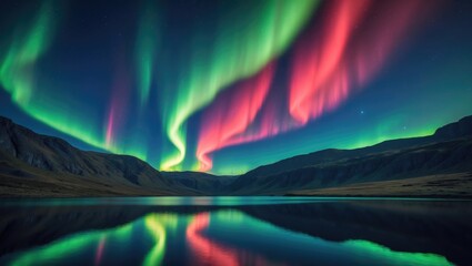 Wall Mural - Stunning green and red aurora shimmering above the hills