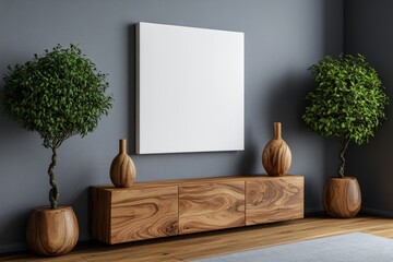 Poster - Photo of a white frame mockup next to colorful wooden toys on a light blue background