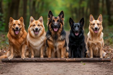 Poster - Photo of happy dogs sitting in row, different breeds, street background, golden hour light
